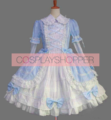 Gothic Long Sleeves Blue Lace Cotton Lolita Dress