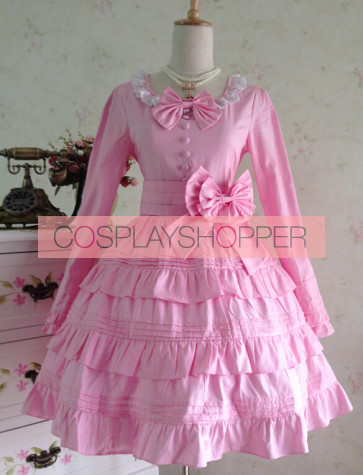 Sweet Long Sleeves Pink Bow Cotton Lolita Dress
