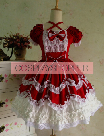 Sweet Short Sleeves Red Lace Cotton Lolita Dress