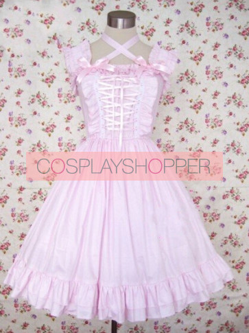 Light Pink Short Sleeves Bow Cotton Sweet Lolita Dress