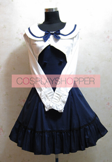 Blue Long Sleeves Bow Preppy Style Cotton Sweet Lolita Dress With Cape