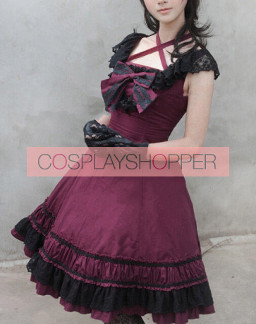 Sweet Purplish Red Sleeveless Bow Lace Lolita Dress