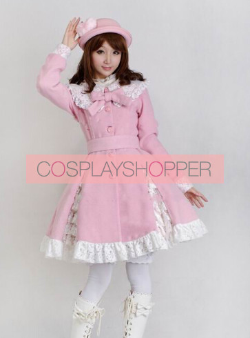 Glamorous Pink Long Sleeves Bow White Lace Lolita Coat