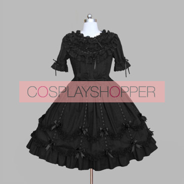 Black Round Neck Bows Cotton Gothic Lolita Dress