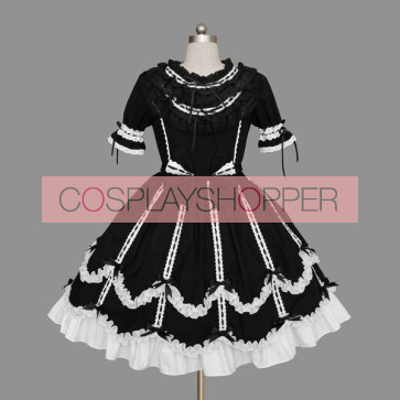 Black And White Short Sleeves Elegant Cotton Gothic Lolita Dress