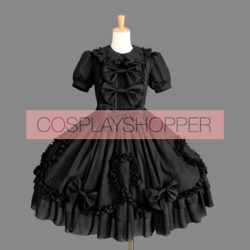 Black Short Sleeves Bows Lace Cotton Gothic Lolita Dress