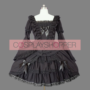 Black Long Sleeves Bows Cotton Gothic Lolita Dress
