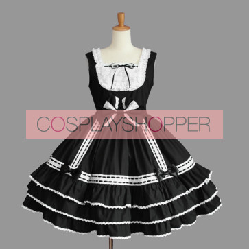 Black And White Cotton Sleeveless Bow Gothic Lolita Dress