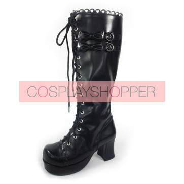 Black 3.0" Heel High Beautiful Polyurethane Round Toe Bow Platform Girls Lolita Boots