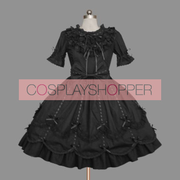 Black Short Sleeves Round Neck Cotton Gothic Lolita Dress