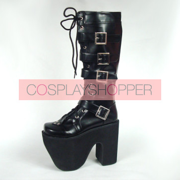 Black 6.0" Heel High Gorgeous Polyurethane Point Toe Stud Buckles Platform Girls Lolita Boots