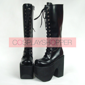 Black 6.0" Heel High Elegant PU Point Toe Cross Straps Platform Lady Lolita Boots