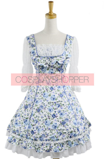 Sweet Blue Floral Short Sleeves Lace Trim Cotton Lolita Dress