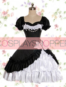 Short Sleeves Black And White Satin Yarn Classic Lolita Dress