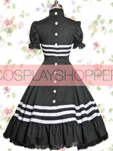 Gray Cotton Glassic Lolita Dress With White Strip Patterns