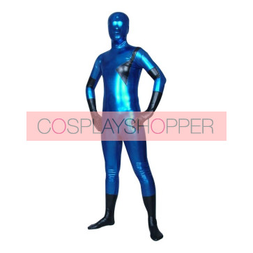Blue And Black Full Body Shiny Metallic Unisex Zentai Suit