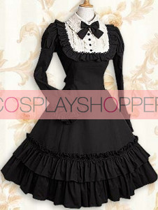 Classic Black Cotton Long Sleeves Ruffle Lolita Dress