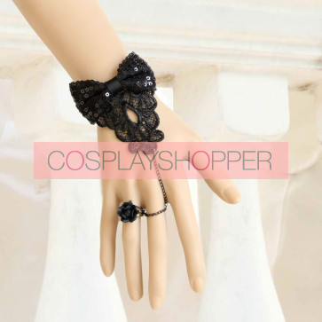 Handmade Rococo Black Bow Lolita Bracelet And Ring Set