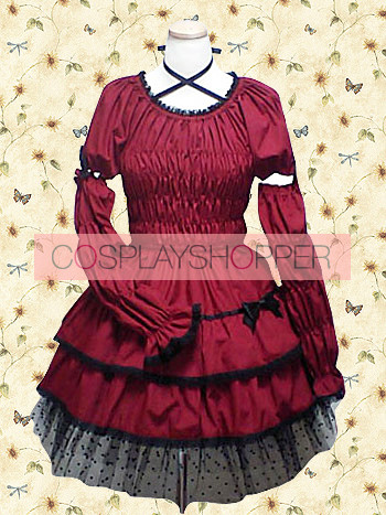 Dark Red Long Sleeves Bow Ruffles Classic Lolita Dress