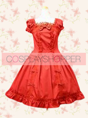 Red Puff Short Sleeves Ruffles Bow Sweet Classic Lolita Dress