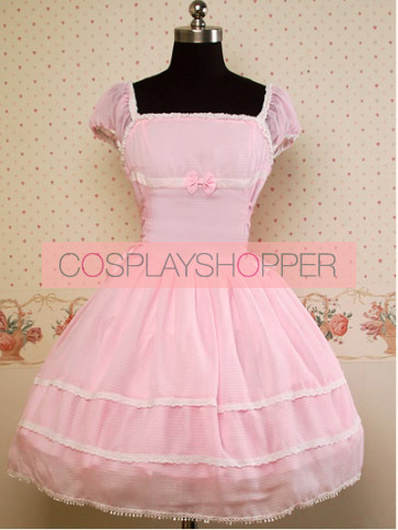 Chiffon Lovely Pink Short Sleeves Bow Lolita Dress