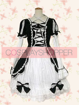 Black and White Short Sleeves Cross-Strap Bow Gothic Lolita Dress