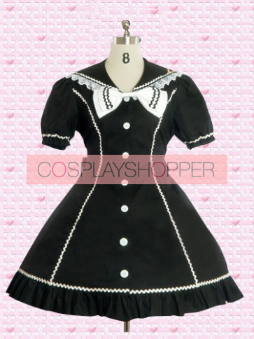 Black Short Sleeves Gothic Bow Lolita Dress With White Buttons