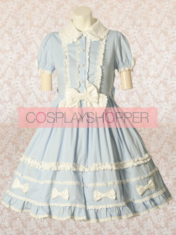 Light Blue Short Sleeves Round Collar Bow Sweet Lolita Dress