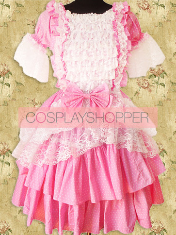 Pink And White Short Sleeves Lace Sweet Lolita Dress