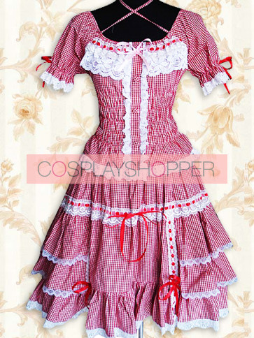 Red And White Gingham Puff Short Sleeves Lace Sweet Lolita Dress