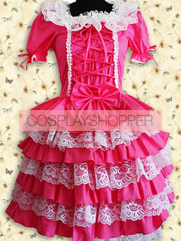 Fuchsia Red and White Puff Short Sleeves Lace Sweet Lolita Dress