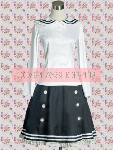 White and Blue Long Sleeves School Blouse With Lolita Skirt