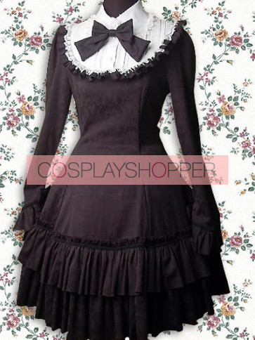 Black and White Long Sleeves Ruffle Classic Bow School Lolita Dress