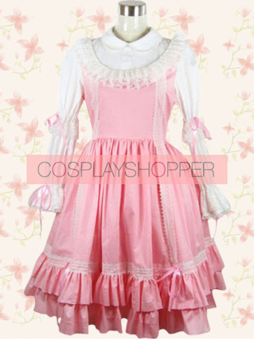 Pink and White Long Sleeves School Lolita Dress