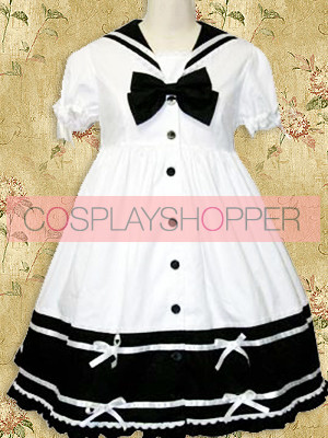 White and Black Short Sleeves Bow School Lolita Dress