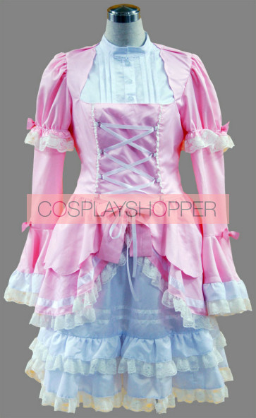 Pink And White Long Sleeves Lace Trim Cotton Sweet Lolita Dress
