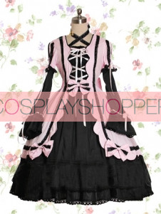 Long Sleeves Pink & Black Cotton Gothic Lolita Dress