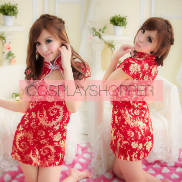 Red Classic Floral Print Chinese Dress Costume