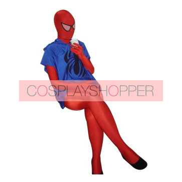 Red Spiderman Lycra Spandex Zentai Suit With Blue T-shirt