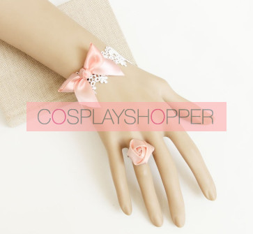 Sweet Pink Bow Rose Girls Lolita Bracelet And Ring Set