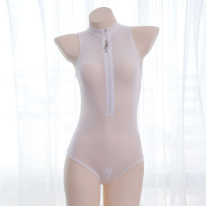 White Sexy Zip Transparent Japanese Sukumizu Swimsuit