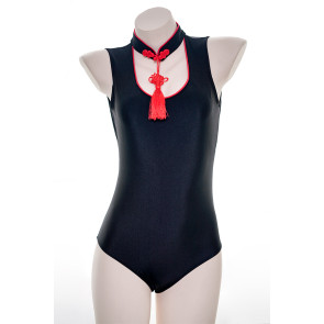 Black Vintage Cheongsam Sukumizu Swimsuit