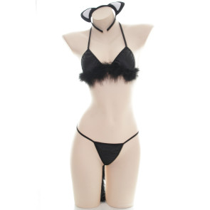 Black Furry Cat Bikini Set