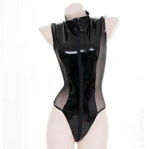 Black Zip Leather Japanese Sukumizu Swimsuit
