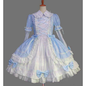 Gothic Long Sleeves Blue Lace Cotton Lolita Dress