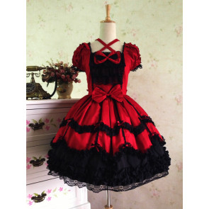 Sweet Short Sleeves Red And Black Lace Cotton Lolita Dress