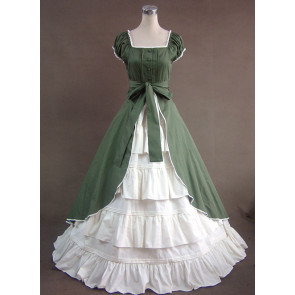 Green And White Short Sleeves Floral Double-Layer Lolita Prom Dress