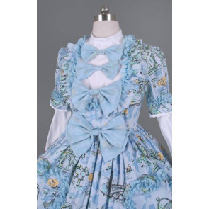 Blue And White Long Sleeves Bows Sweet Lolita Dress