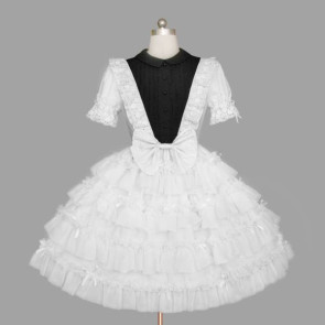 Black And White Short Sleeves Lace Multi-layer Cotton Gothic Lolita Dress