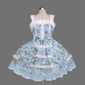 Blue And White Sleeveless Bows Cotton Sweet Lolita Dress